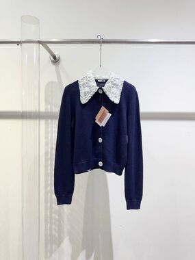 Miu Miu Navy Cardigan with White Lace Collar